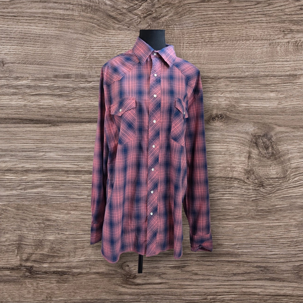 Wrangler Pink and Blue Plaid Shirt With Pearl Snap Buttons Size Large Tall